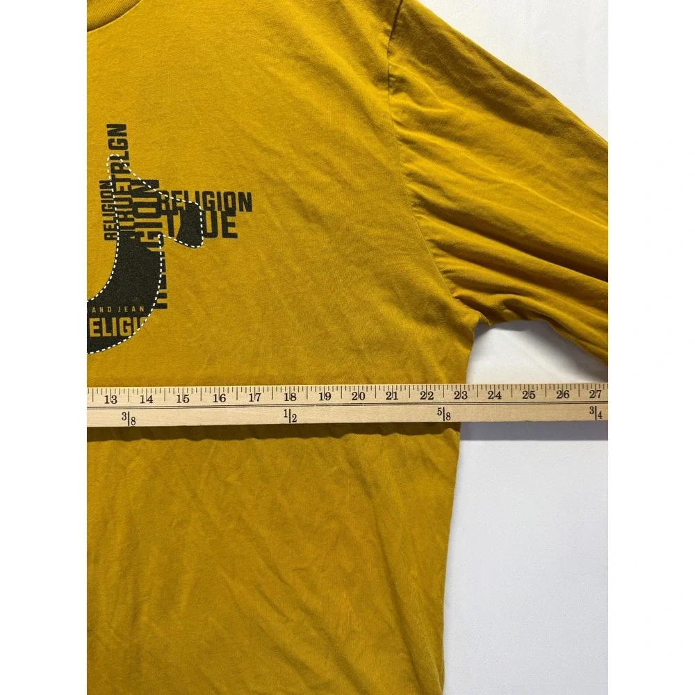 True Religion Shirt Men Large Mustard Yellow Graphic Print Horseshoe Logo Cotton